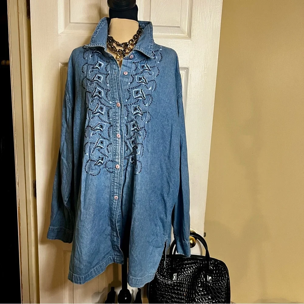 Wms Vtg 90s Cotton Denim Beaded Embroidered Plus Size‎ Casual Boho Shirt Blue 4X